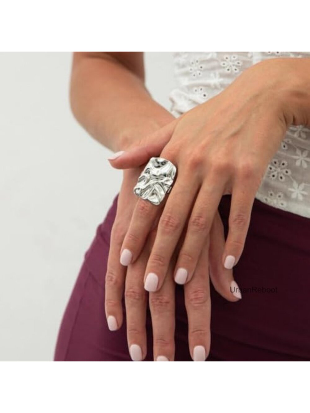 Chunky Hammered Square Statement Ring for Women Geometric Open Finger Band